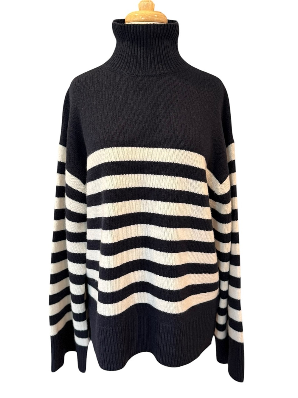 Theory Stripe Felted Wool Cashmere Turtleneck Sweater Navy Ivory Large NWT - Picture 2 of 13